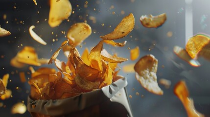 A bag of chips with chips flying out, along with shattered chips - obrazy, fototapety, plakaty
