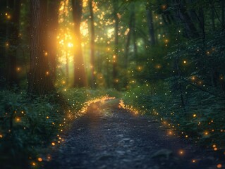 Mysterious Forest from the Depths of Fantasy, Where Twilight Casts Magical Shadows Amongst Ancient Trees. Illuminated by the Glow of Fireflies