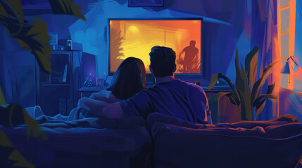 Back view of adult couple watching TV at home while sitting on sofa.