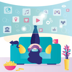 Woman lying on sofa and using VR headsets. Happy girl experiencing virtual reality simulation, they access to their own custom virtual universe and social media apps.