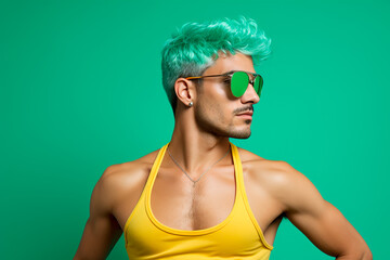 Young man with green hair wearing sunglasses close-up on a green background, portrait, profile