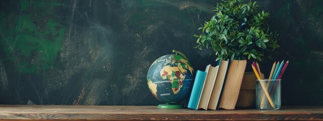 Back to School Concept with copy space. Earth Globe, Books, Notebooks, Colorful Stationery. Education and School Supplies. Blackboard Chalkboard Background for Learning. Stack of Books and Essentials 