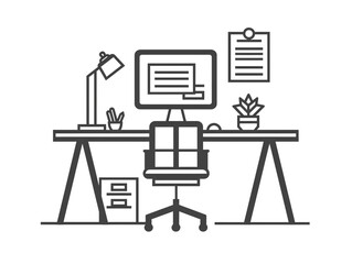 Outline icon of office personal work station. Black line with a white background.