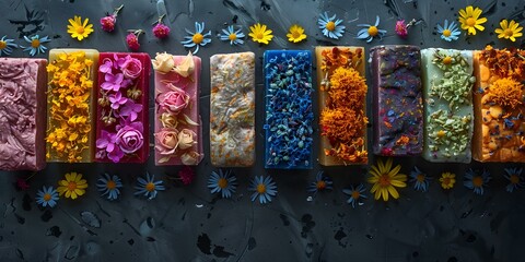 Artisanal soaps adorned with delicate dried flowers beauty and wellness items. Concept Handcrafted Soaps, Dried Flowers, Beauty Products, Wellness Items, Artisanal Gifts