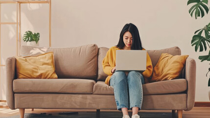 Asian young woman freelancer sitting on comfortable sofa browsing internet via laptop computer. Working from home concept.
