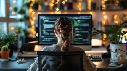 Rear view of female programmer sitting at desk while working with computer in start up office.
