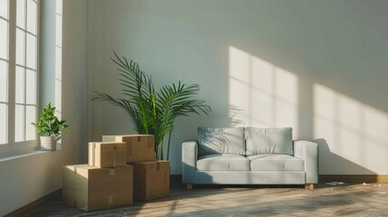 New house or apartment on moving day. Empty room with cardboard boxes, couch and green plant. Real estate concept.
