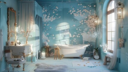 Women's room interior adorned with soft blue colors, ethereal vibes and whimsical decor elements transport you to a realm of relaxation