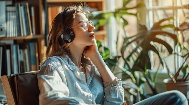 Calm woman relaxing in the office with listening music.