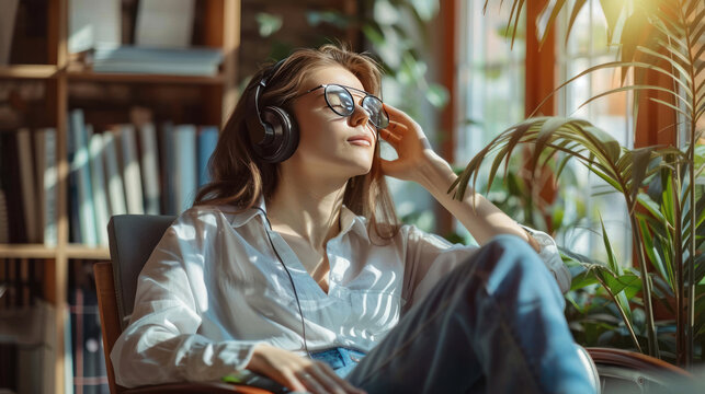 Calm woman relaxing in the office with listening music.