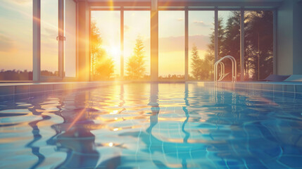 modern luxury indoors swimming pool with large windows in soft sunset light.