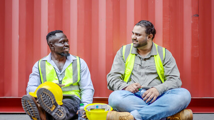 Two people African American and asian construction workers Happy Sit and rest in the container area...