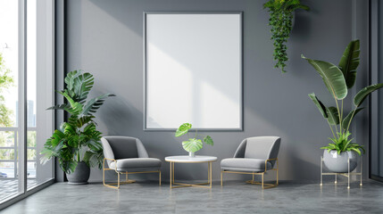 Modern office interior with a blank white canvas frame on the wall, furniture, and decorative plants.
