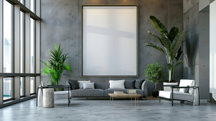 Modern office interior with a blank white canvas frame on the wall, furniture, and decorative plants.