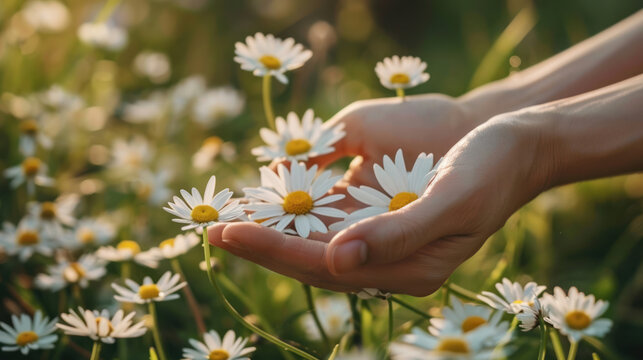 Small daisies in hand on nature.
