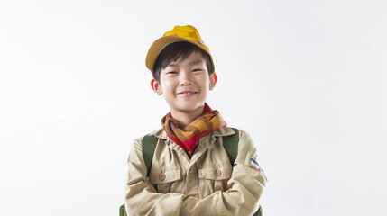 happy asian kid with adventure costume , isolate on white background