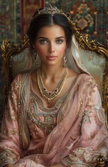 A beautiful young Arab, Islamic, Middle Eastern princess, dressed in many jewels and jewels, sits on a gold-colored carved throne.