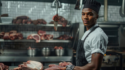 Young African American man in butcher clothes with fresh meat.