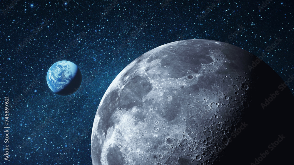 Poster Moon with craters and blue planet Earth in starry space. Surface of the moon and view of the earth. Space exploration and lunar mission