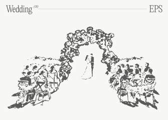 Naklejka premium A loving couple's wedding day under the Bridal Archway. Hand drawn vector illustration, sketch.