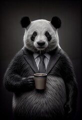 Portrait of a panda in a suit with a cup of coffee