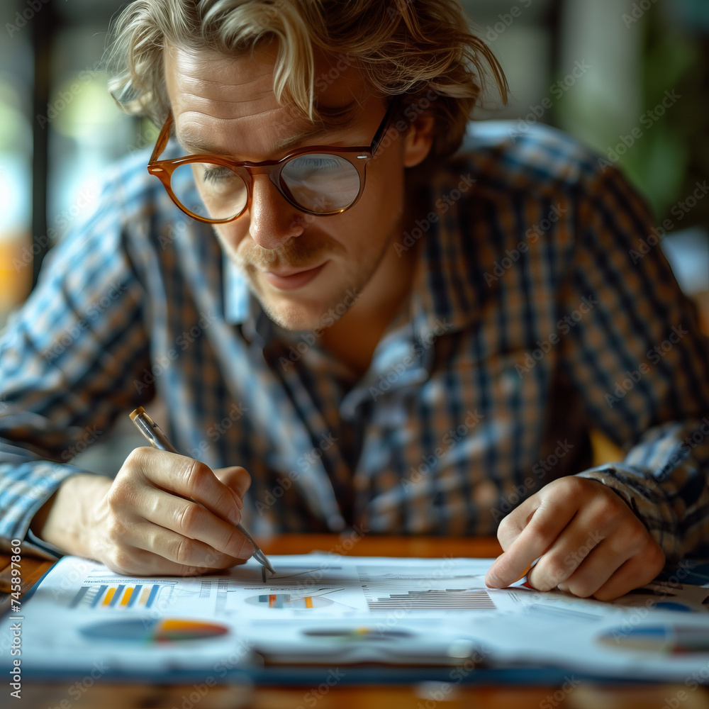 Poster focused individual analyzing data and creating graphs while seated at a wooden table in a vibrant wo