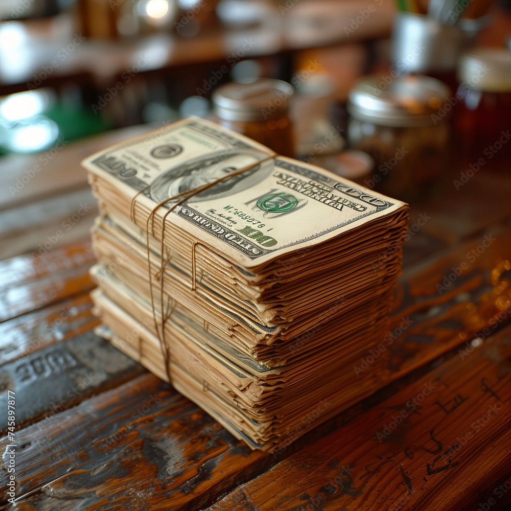Poster stacks of cash on a wooden table in a rustic setting illuminated by warm lighting during the day