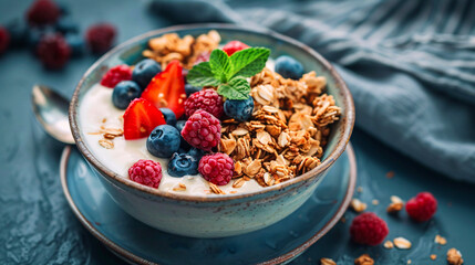 A wholesome breakfast choice: delicious muesli paired with creamy yogurt and a colorful mix of raspberries, strawberries and blueberries