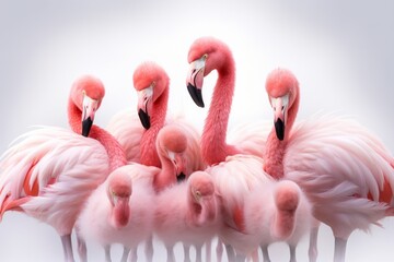 flamingos with their babies on a white background