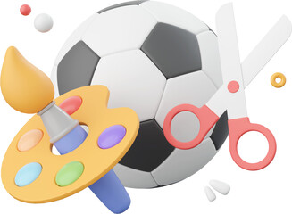 Football, paintbrush, color palette and scissors, 3d illustration elements of school supplies