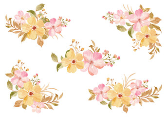 Yellow pink floral bouquet collection with watercolor