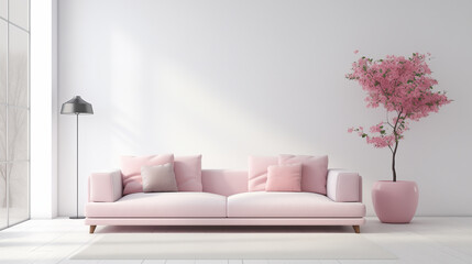Elegant Pink Sofa and Blooming Tree in a Bright Minimalist Living Room