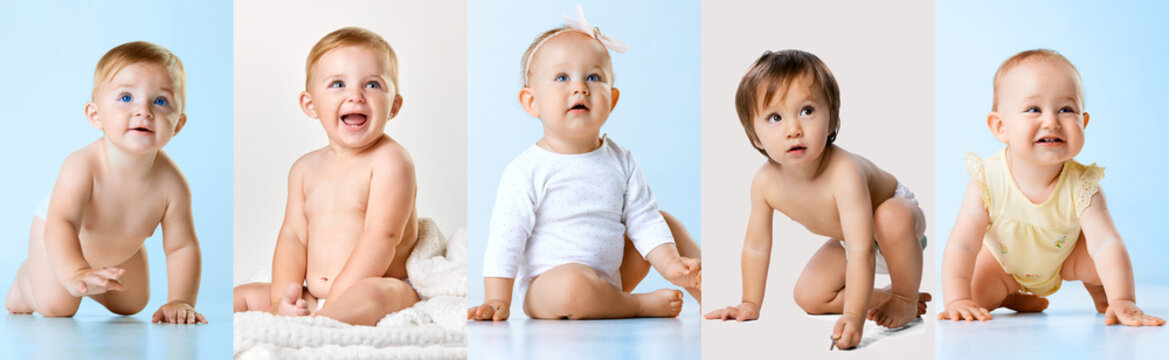 Collage made with image of adorable babies, boy and girl in diaper, sitting, crawling, playing over blue pink background. Concept of childhood, health care, wellness, lifestyle. Banner