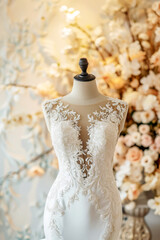 On a mannequin there is a beautiful wedding embroidered dress.