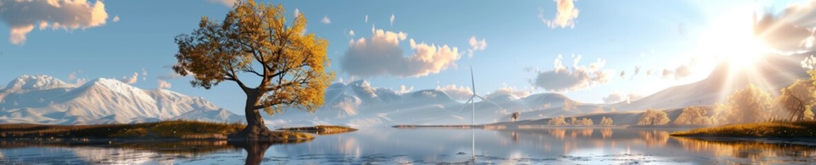 A conceptual depiction of a wind turbine generator set in a pristine natural environment emphasizing renewable energy and ecological balance - obrazy, fototapety, plakaty
