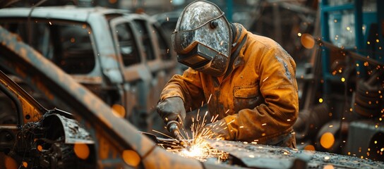 A skilled worker welds components in a workshop, focused on a task with safety gear on