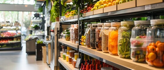 A sustainable grocery concept with bulk food dispensers zero waste packaging and reusable containers for a green lifestyle - obrazy, fototapety, plakaty