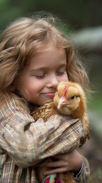 Young Child Embracing a Chicken. A Heartwarming Portrait of Innocence and Connection. With Tender Care, the Little Girl Holds the Fluffy Yellow Chick