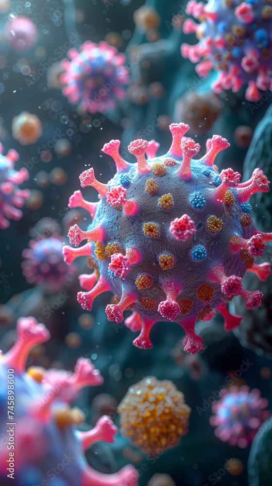 Poster colorful depiction of virus particles in a microscopic environment showcasing intricate details of s