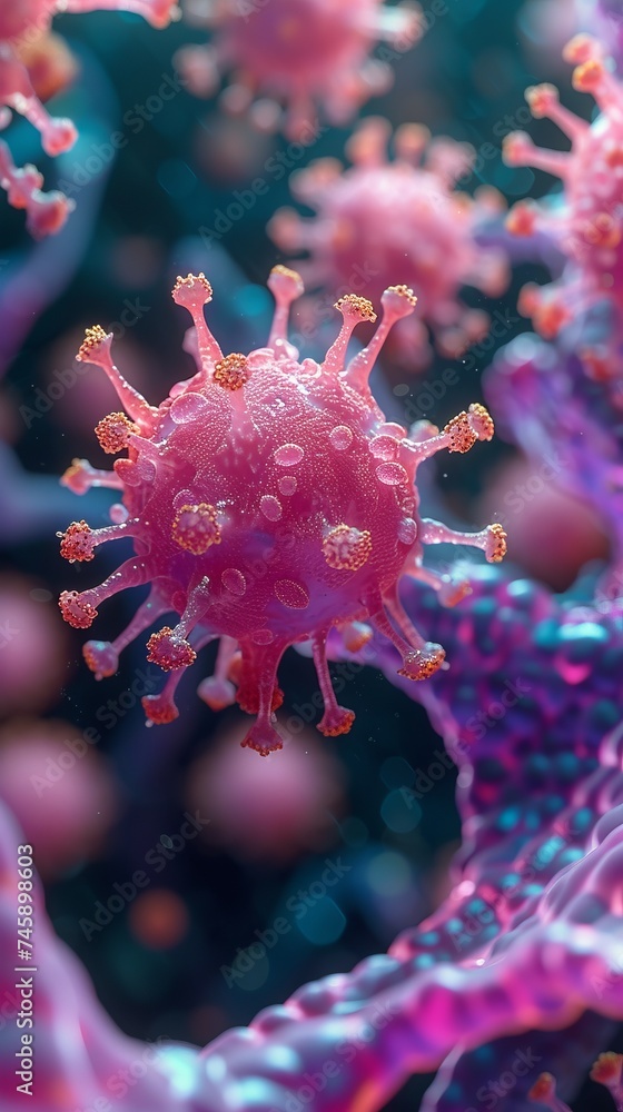 Poster close-up view of a virus surrounded by vibrant cellular structures in a colorful environment highlig