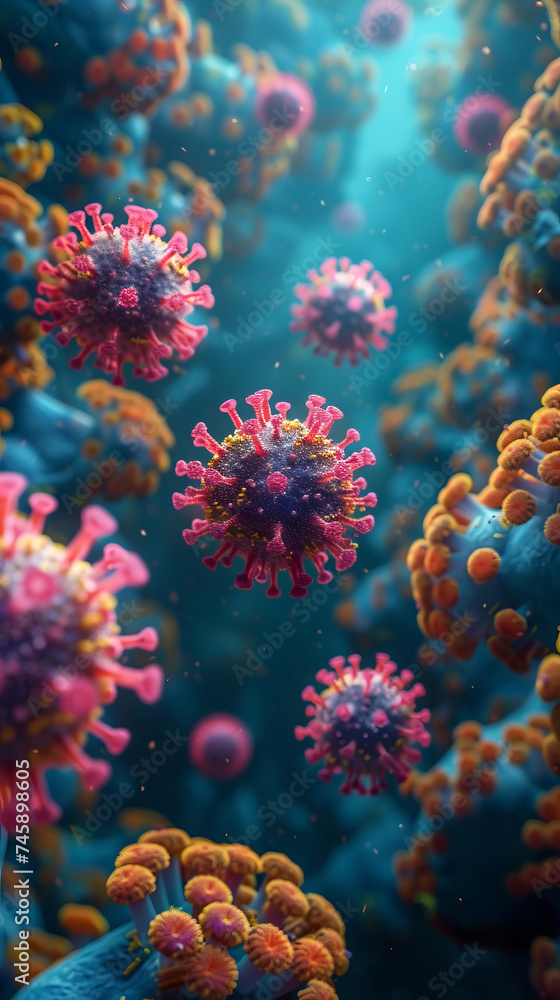 Poster colorful depiction of virus particles in a microscopic environment showcasing intricate details of s