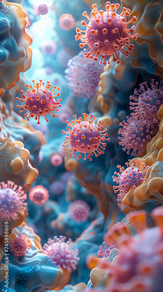 Poster colorful depiction of virus particles in a microscopic environment showcasing intricate details of s