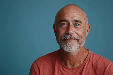 Obraz premium Elderly man with bald head and beard in red t-shirt smiling