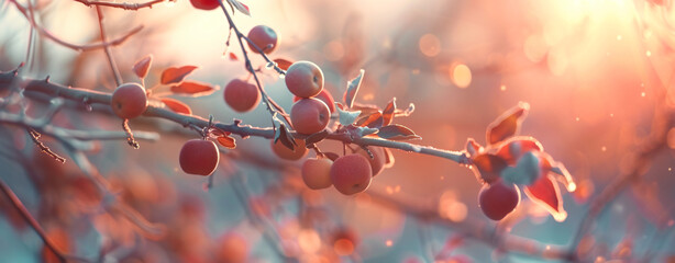 A Branch with Natural Apples on a Blurred Background