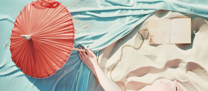 Elegant relaxation concept with a woman's hand holding a red sunshade on a turquoise beach towel, next to an open book on sandy beach