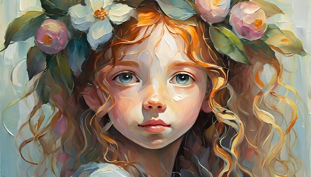 Oil painting of cute little girl with curly red hair and floral wreath on head. Beautiful female child.