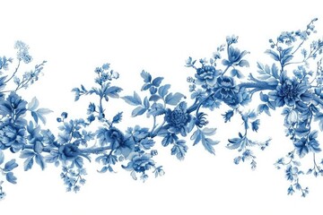 French blue toile de jouy wedding border florals ,clipart isolatedon on a clear white background