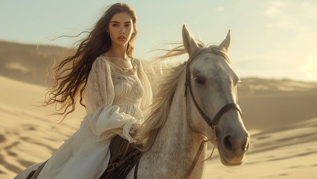 An ethereal woman in a flowing white dress rides a horse in the desert, with long hair billowing