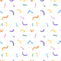 Seamless pattern with Colored chalk stripes. Hand drawn charcoal lines and squiggles, scribbles. Vector crayon dry brush marker drawing. Freehand different wide stripes set.