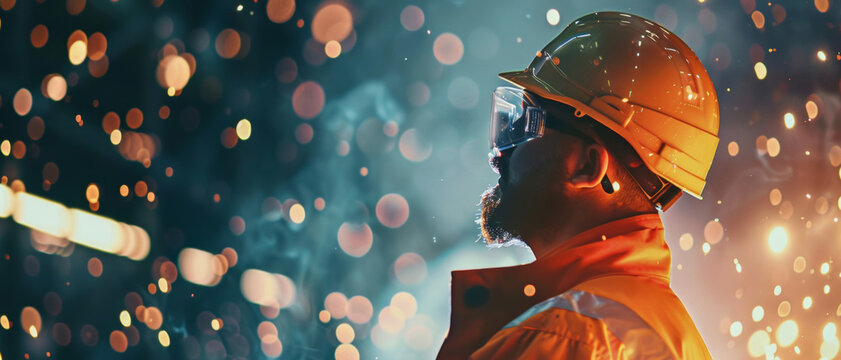 Worker in protective gear stands before a fiery industrial backdrop, a symbol of strength in labor